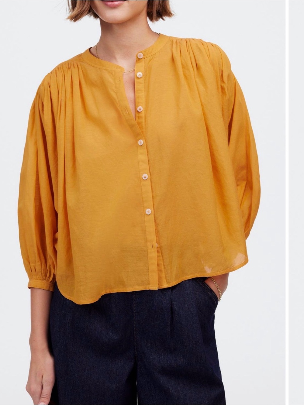 Madewell Shirred Crewneck Button-Up Top in “Pollen” Yellow Size XS